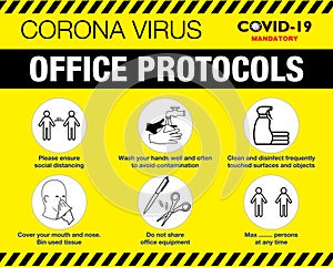 The office protocol poster or public health practices for covid-19 or health and safety protocols or new normal lifestyle concept.