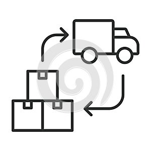 Office relocation icon in line design. office, boxes, truck, relocation, moving, logistics on white background vector. office