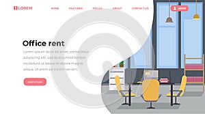 Office rent landing page flat template. Empty workspace interior, corporate workplace with modern furniture web banner