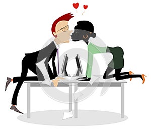 Office romance between African woman and Caucasian man illustration