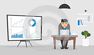 Office room. Businessman or manager working at a computer. Graphs and charts on the stand.Cute character. Flat design