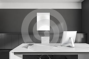 Office room interior, ceo table, desk, desktop computer, armchair, concrete floor. Mockup white blank poster on wall. Concept of