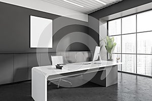 Office room interior, ceo table, desk, desktop computer, armchair, panoramic windows, concrete floor. Mockup white blank poster on