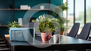 Office room interior with desk and flowers, green house concept, ecology