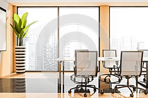 Office room interior with white empty roll up banner