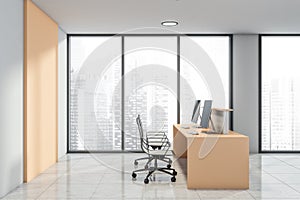 Office room and reception interior with computers and panoramic window