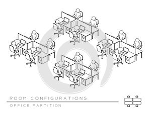 Office room setup layout configuration Half Partition style, perspective 3d isometric with top view illustration