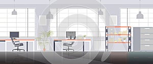 Office room space work vector flat business interior illustration with chair and computer. Modern desk table furniture workplace