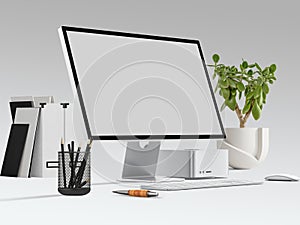 Office scene with computer screen mockup with white background, 3d Illustration