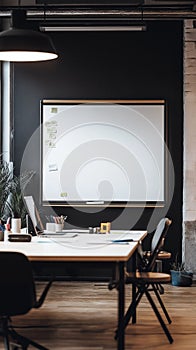 office scene with an empty whiteboard surrounded by sticky notes and markers