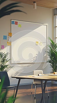office scene with an empty whiteboard surrounded by sticky notes and markers