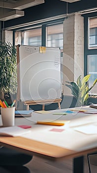 office scene with an empty whiteboard surrounded by sticky notes and markers