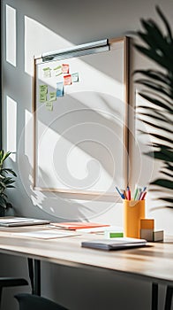 office scene with an empty whiteboard surrounded by sticky notes and markers