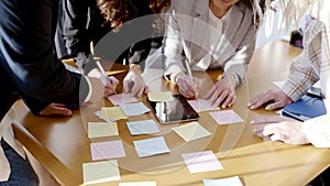 Office scene of group discussion of upcoming project. Young managers having kind of kanban board on desk, distributing