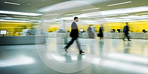 An office scene with motion blur capturing people in the background