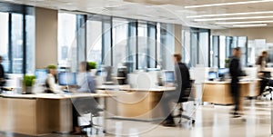 An office scene with motion blur capturing people in the background