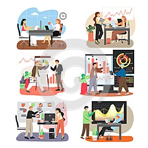 Office scene set with business people working together, training, taking coffee break, flat vector isolated illustration