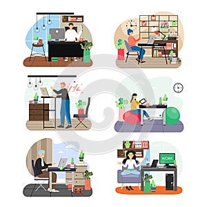 Office scene set, flat vector illustration. Business people working on computers, practicing yoga. Office interior.