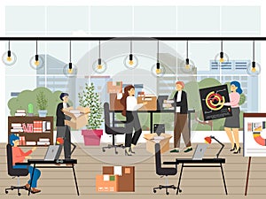 Office scene set, flat vector illustration. Workflow, moving and relocation to new office space.