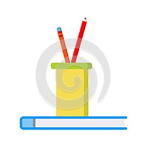 Office or school icon: two colored pencils in a plastic glass on blue notepad