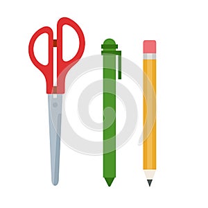 Office scissors, pen and pencil vector flat isolated