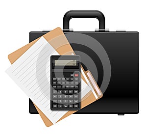 Office set of calculator, paper and folder with black briefcase