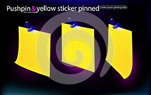 Office set yellow stickers, pinned blue pushbuttons with curled corner, ready for your message. Isolated on dark, black background