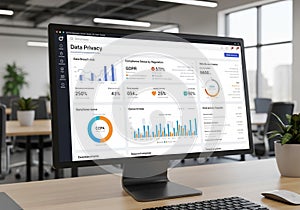 An office setting with a computer monitor displaying a data