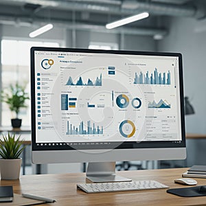 An office setting with a computer monitor displaying various data analytics. The