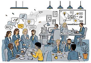 Thought and speech bubbles indicate communication and idea sharing