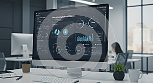 An office setting features a computer displaying data analytics with charts and graphs