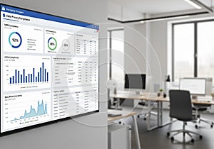 Office setting featuring a modern workspace with a wall-mounted