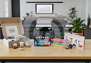 Office setting featuring a wooden table with various items. A tablet