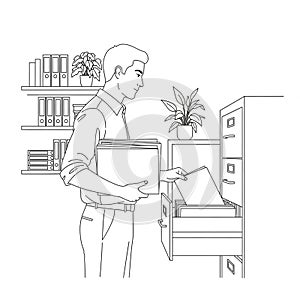 An office setting, filing documents into a cabinet. He holds a stack