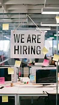 Office setting with We are hiring sign above a desk, open workspace photo