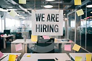 Office setting with We are hiring sign above a desk, open workspace photo