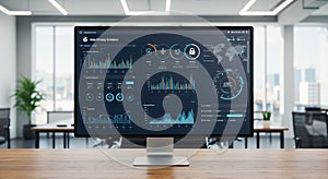 Office setting with a large computer monitor displaying a data analytics dashboard.