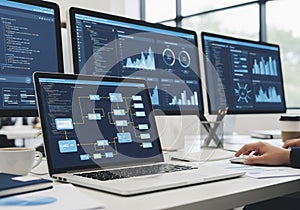 Office setting with multiple monitors displaying data analytics and