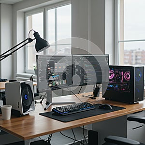 Office setup featuring a dual-monitor computer displaying coding software. A sleek