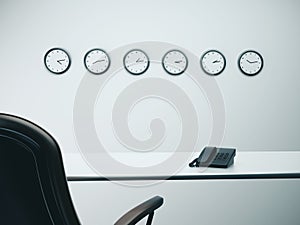 Office with six wall clocks