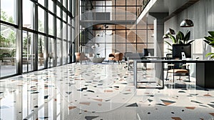 The office space at Luxury Rewritten is a true display of modern luxury with its high ceilings and grand Terrazzo photo