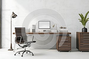 Office Space Room, Empty Wall Mockup In White Room With Wooden Office Desk And Office Chair, 3d Render Real Room Template