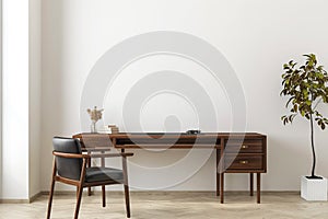 Office Space Room, Empty Wall Mockup In White Room With Wooden Office Desk And Office Chair, 3d Render Real Room Template