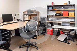 office space with variety of ergonomic products, including chairs, keyboards, and mice