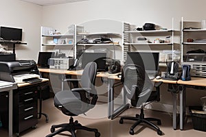 office space with variety of ergonomic products, including chairs, keyboards, and mice