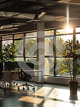 Office space ventilated with open windows and ceiling fans, fresh air circulating, morning glow, diagonal view