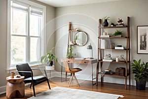 an office space with a wooden desk, modern chair, and decorative ladder shelf