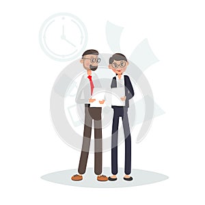 Office staff discuss documents color flat illustration