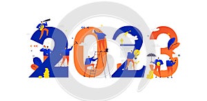 Office staff are preparing to meet the new year 2023. Vector illustration. Cartoon characters repair the numbers. Image is isolate