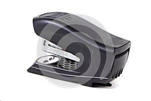 An office stapler isolated on a white background. A Black plastic stapler. Office supplies